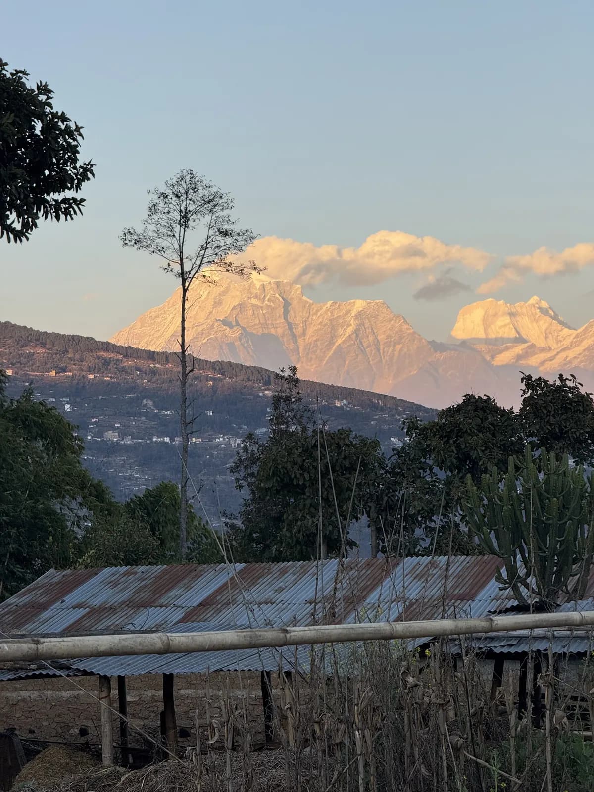 Snow-capped mountain ridge glowing at sunrise